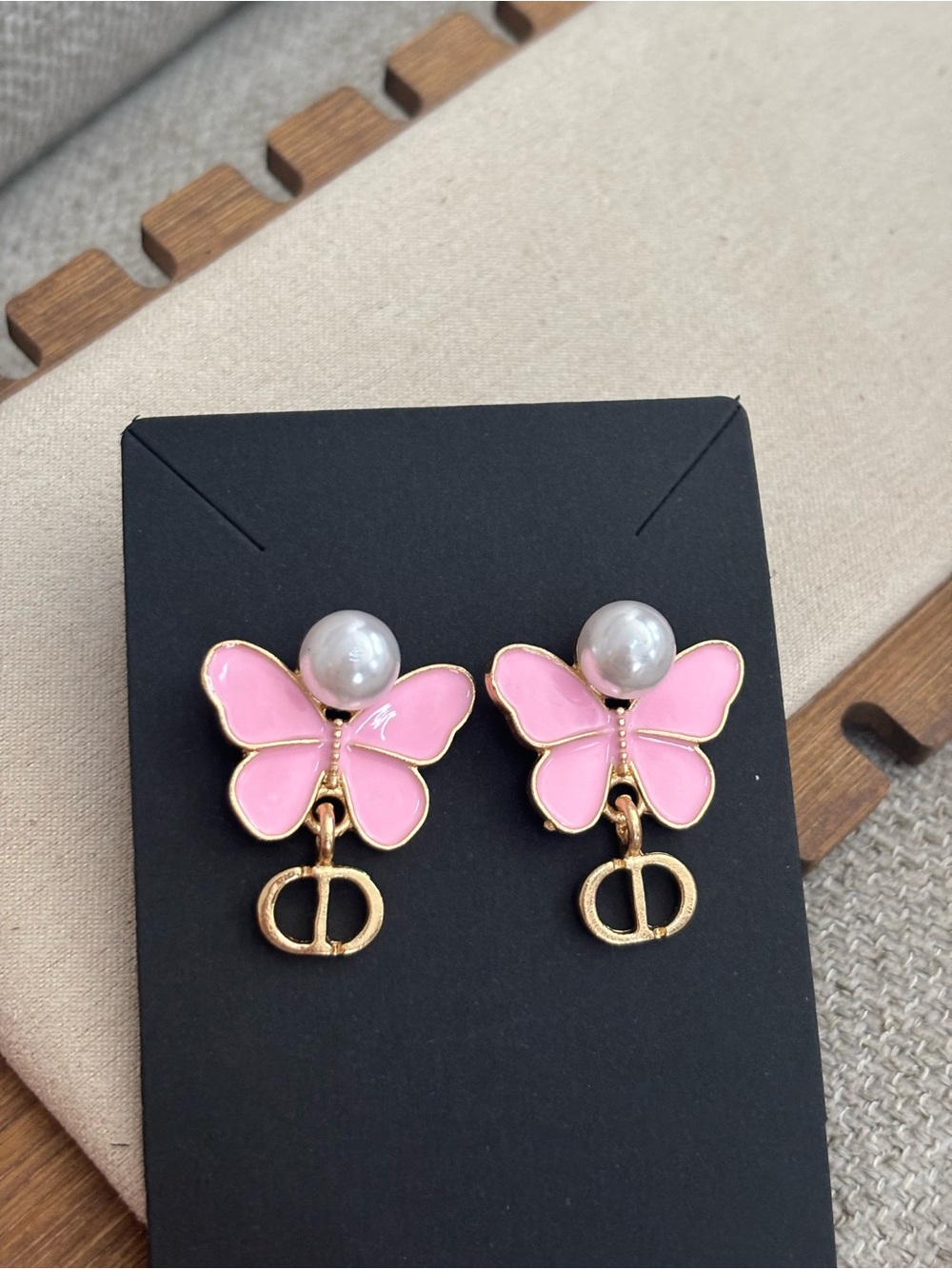 Pink Butterfly Pearl Drop Earrings with Gold Dangle